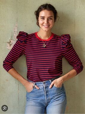 Clare V Red and Navy Puff-Sleeve Striped Long-Sleeve Tee